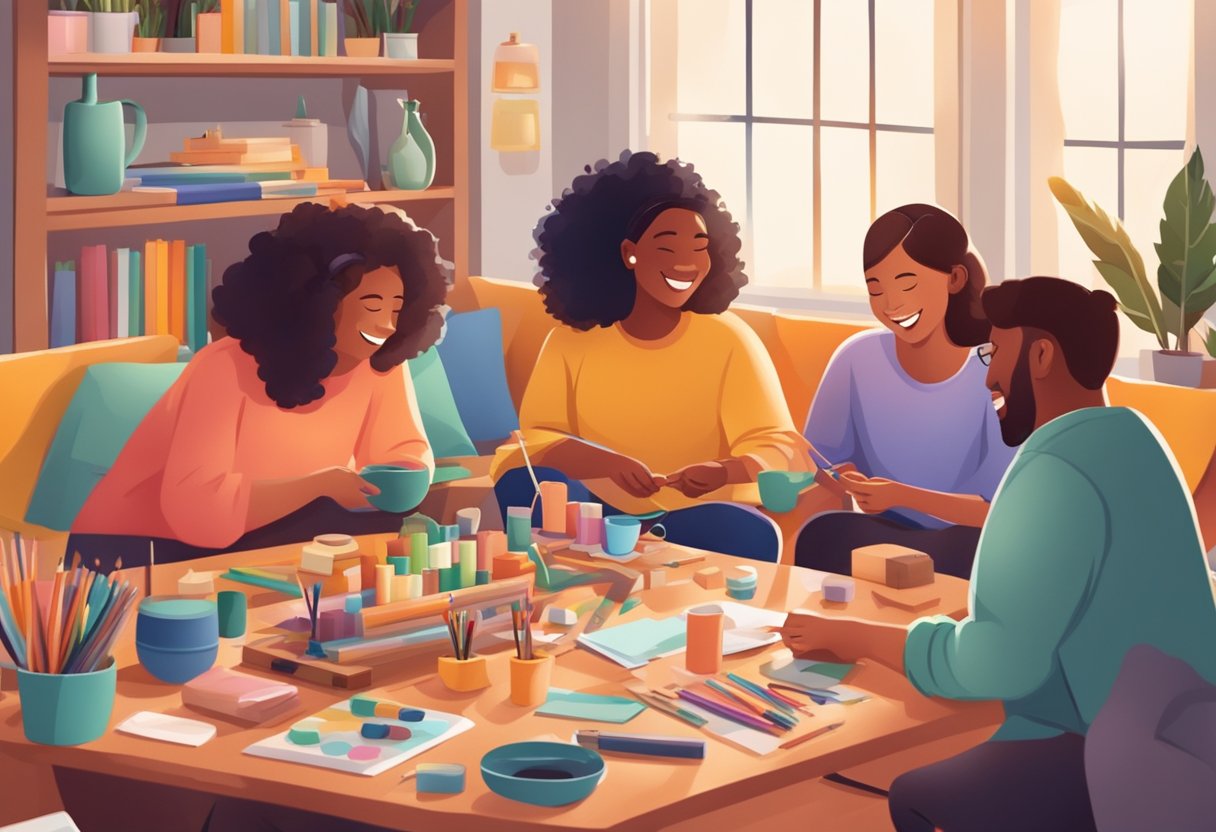 A cozy living room table with open craft kits, colorful supplies, and finished projects, surrounded by friends laughing and creating together