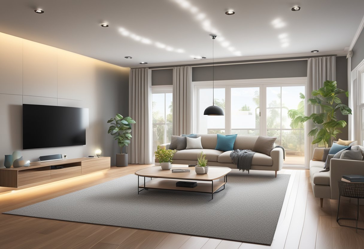 A modern living room with smart home devices controlling lights, thermostat, and security cameras