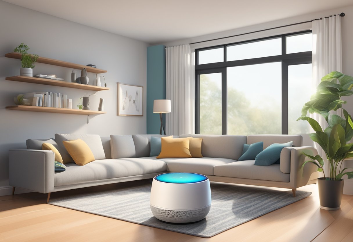 A smart speaker, thermostat, and security camera are interconnected in a modern living room