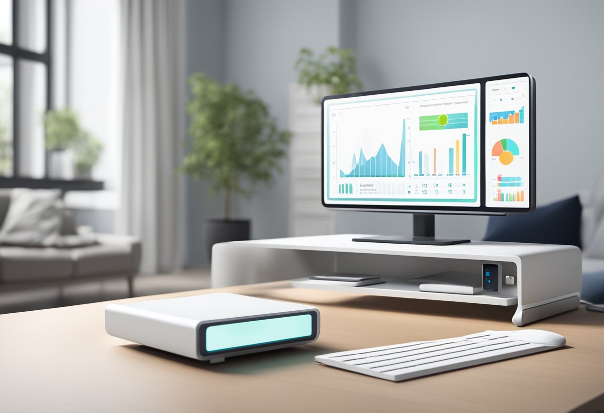 A modern living room with a sleek, white health monitor device displayed on a clean, minimalist table. The device features a digital screen and various buttons for monitoring health metrics