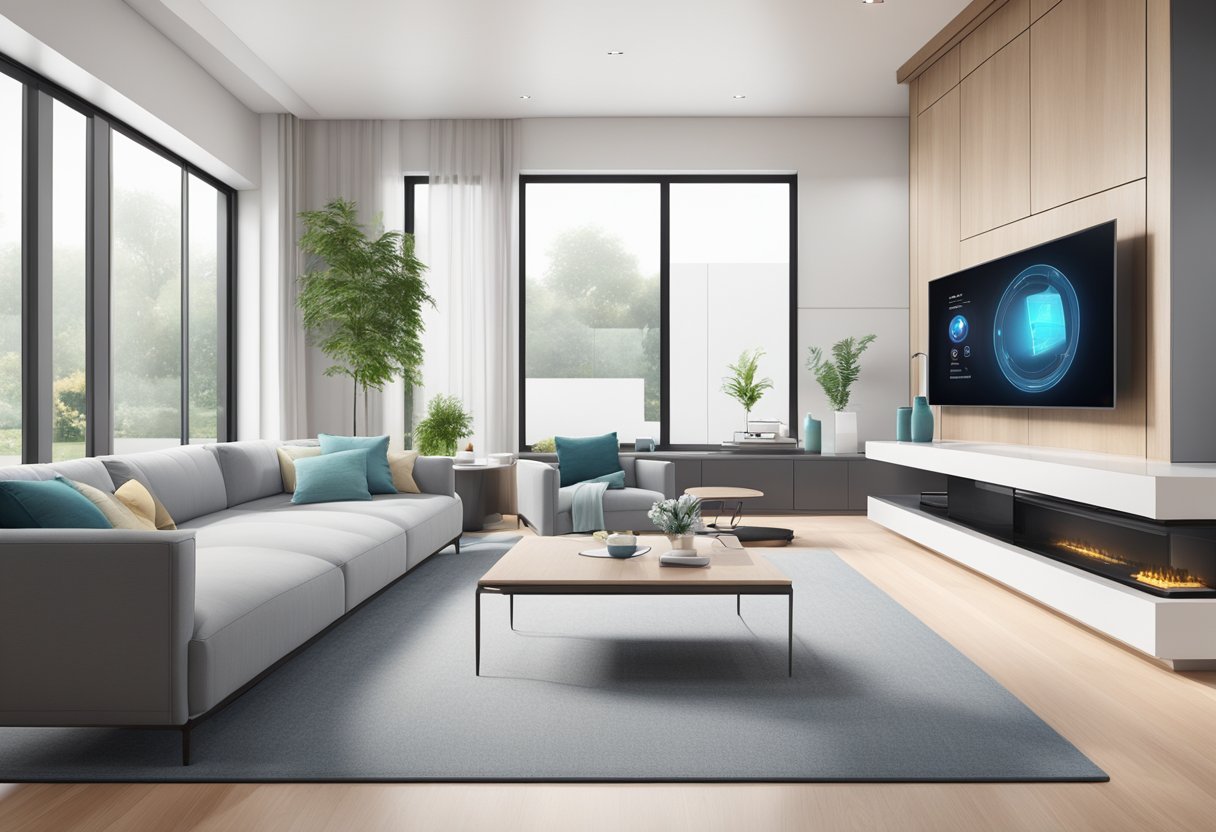 A sleek, modern home with various health monitors seamlessly integrated with smart devices throughout the living space