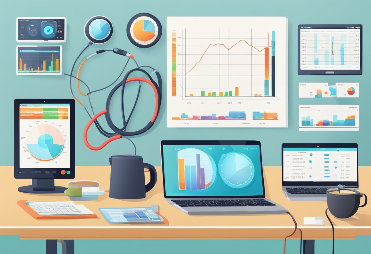 A table with various health monitors (blood pressure, heart rate, etc.) and a laptop displaying data charts