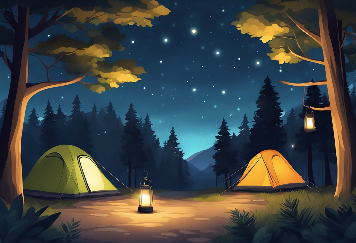 A group of waterproof camping lanterns glowing in the darkness, illuminating a campsite surrounded by trees and a starry sky above