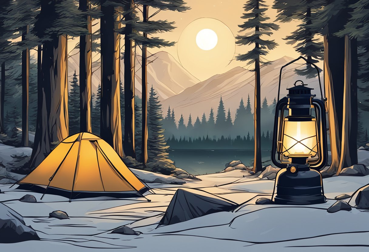 A group of waterproof camping lanterns illuminating a dark, forested campsite, casting a warm glow on the surrounding trees and tents