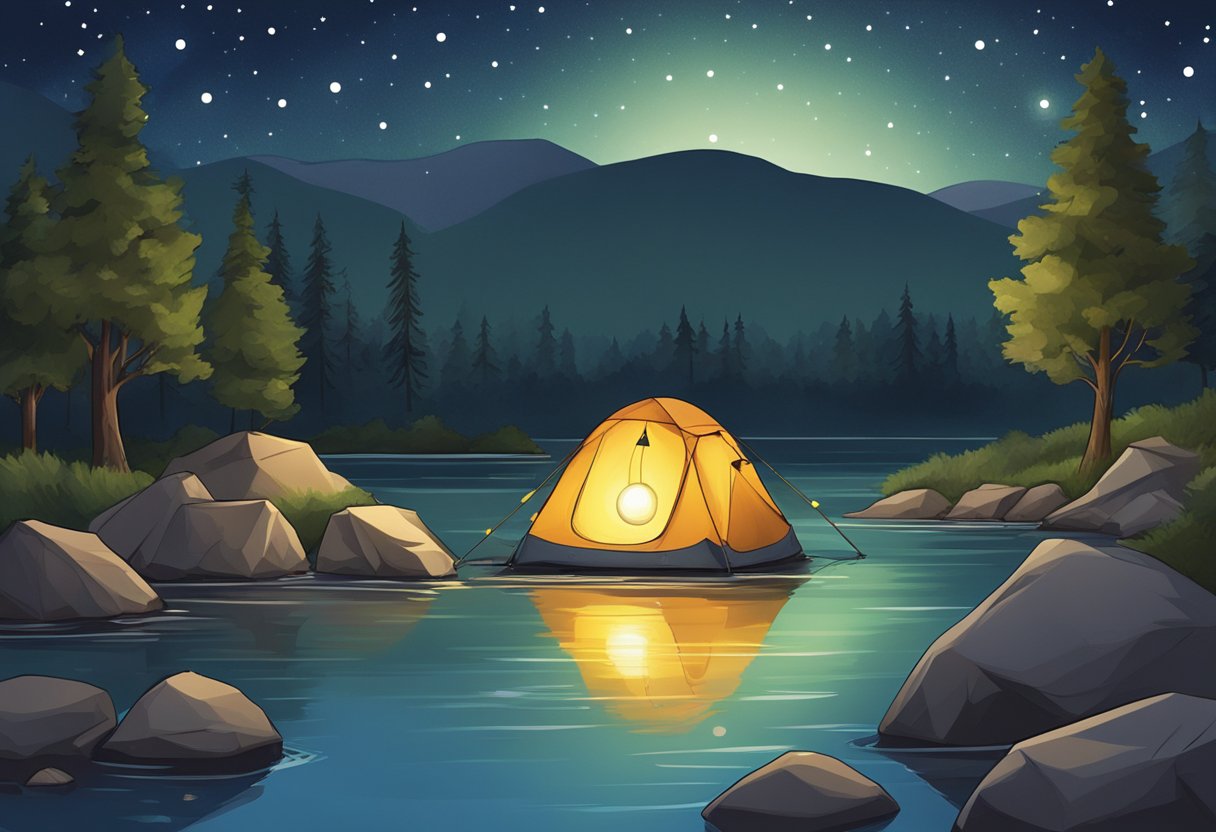 A camping lantern sitting on a rock by a river, surrounded by trees and a starry night sky above