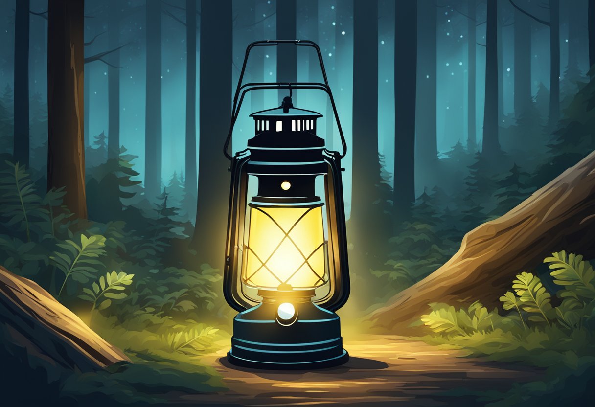 A waterproof camping lantern illuminates a dark forest, casting a bright, wide beam of light and showcasing its innovative technology