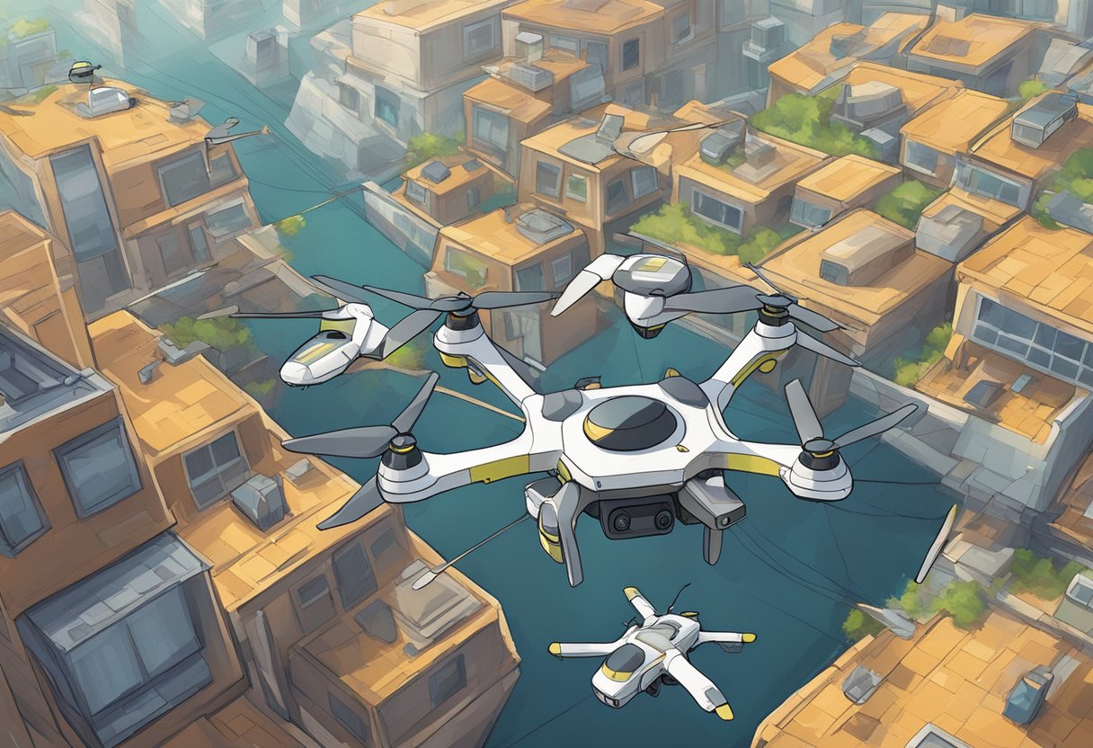 A group of drones navigating through a cluttered environment, effortlessly avoiding obstacles in their path