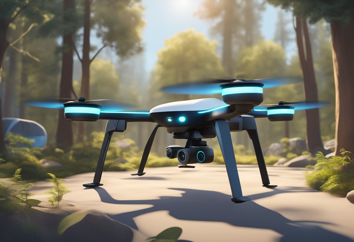 A sleek drone with obstacle sensors hovers over a cluttered outdoor environment, effortlessly maneuvering around trees and other obstacles