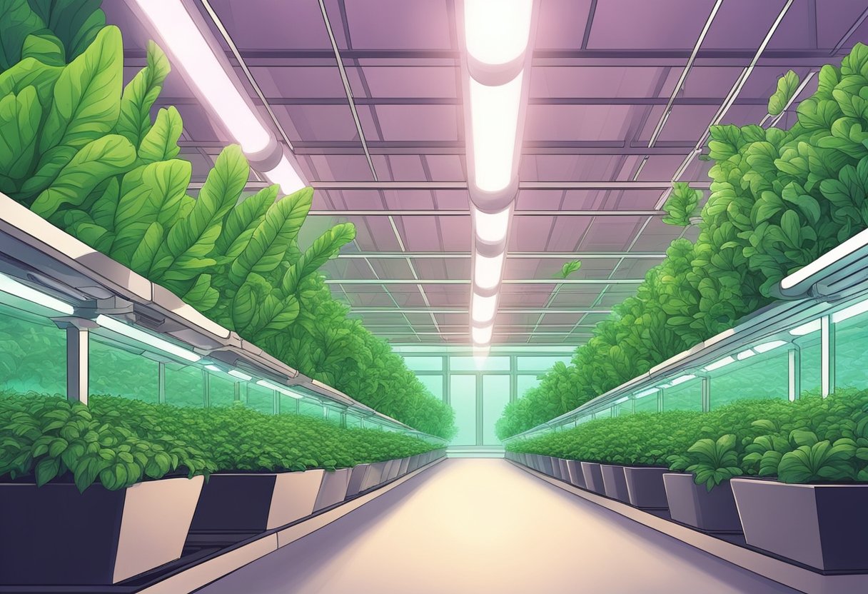 Lush green plants grow in hydroponic systems under the glow of LED lights