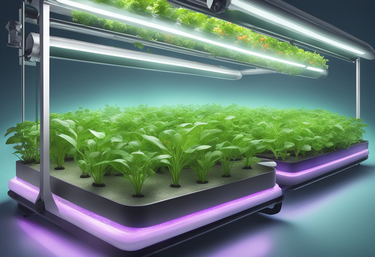 A hydroponic system with LED lights, featuring plants growing in nutrient-rich water without soil