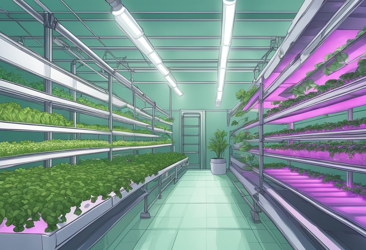 A hydroponic garden with LED lighting, featuring rows of plants in a controlled environment, with pipes, reservoirs, and bright, artificial light