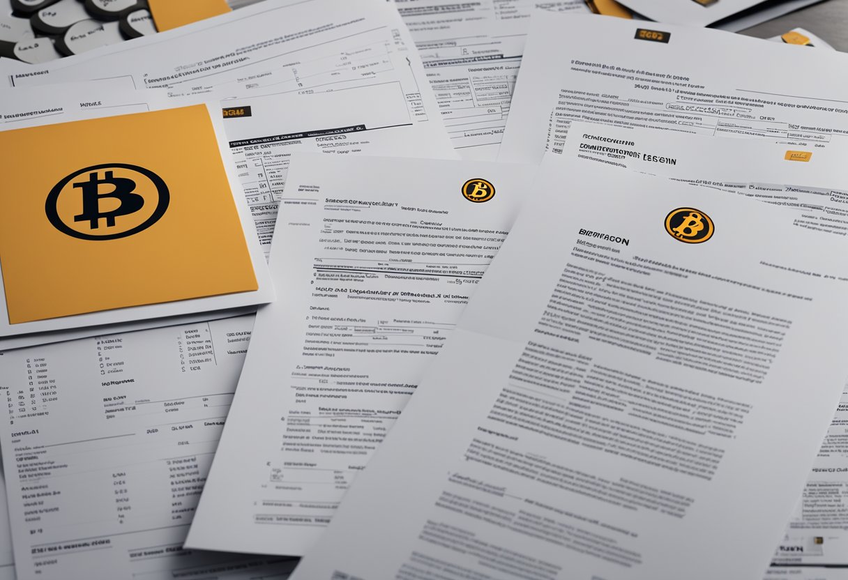 A stack of rental property documents with Bitcoin logo, surrounded by question marks