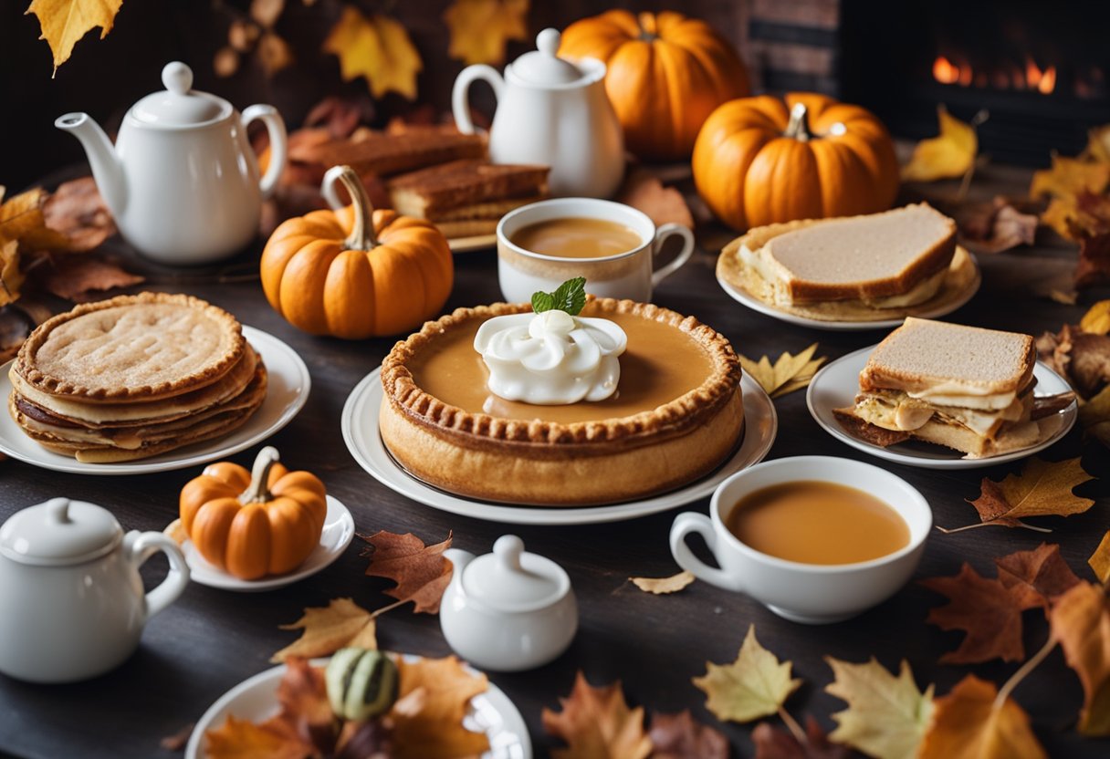 A table set with mismatched teacups, plates of turkey sandwiches, and pumpkin pie, surrounded by autumn leaves and a cozy fireplace