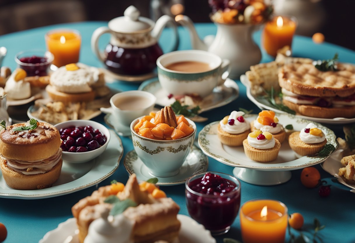 A whimsical tea party scene with a mismatched assortment of dishes and teacups, adorned with colorful leftover Thanksgiving food like turkey sandwiches, pumpkin pie, and cranberry sauce