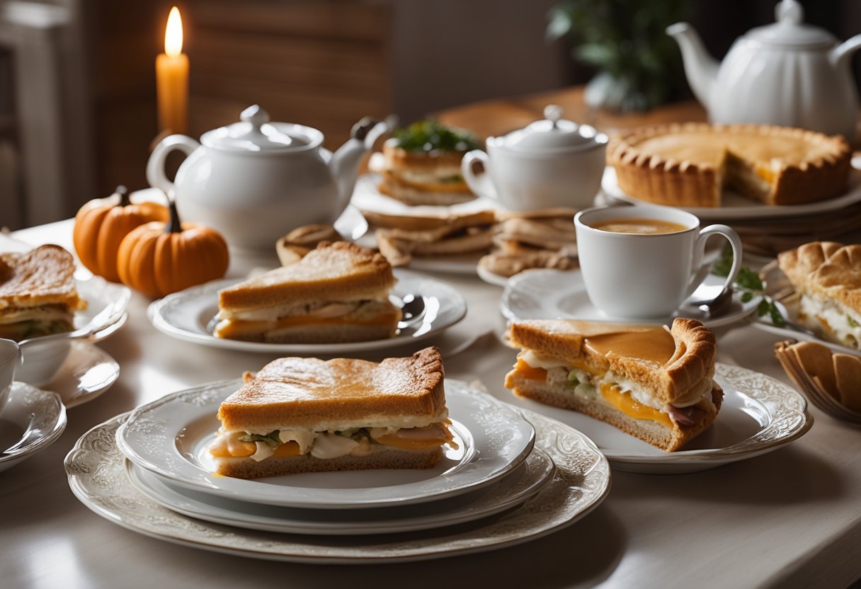 A cozy table set with mismatched teacups and saucers, surrounded by plates of leftover turkey sandwiches and pumpkin pie