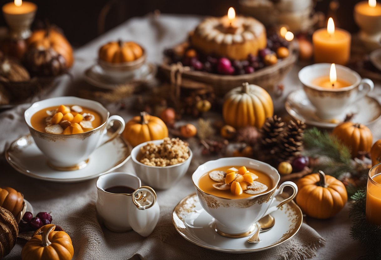 A cozy table set with mismatched vintage teacups and saucers, adorned with autumnal decorations and surrounded by scattered Thanksgiving leftovers