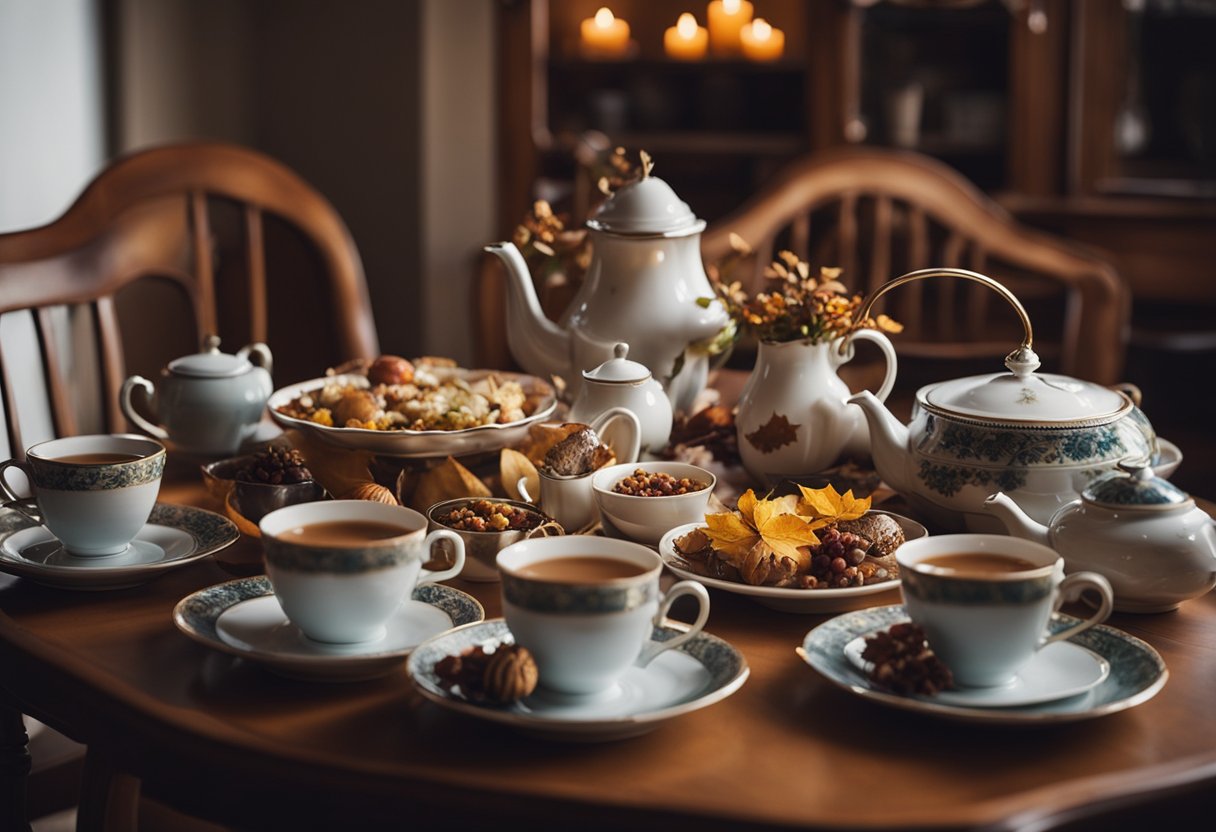 A table set with mismatched teacups, plates of transformed Thanksgiving leftovers, and a steaming teapot, surrounded by cozy chairs and scattered autumn leaves