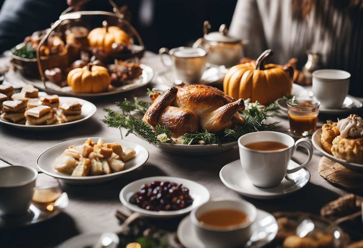 A cozy tea party setting with a variety of Thanksgiving leftovers arranged on a table, alongside a selection of tea and suggested pairings