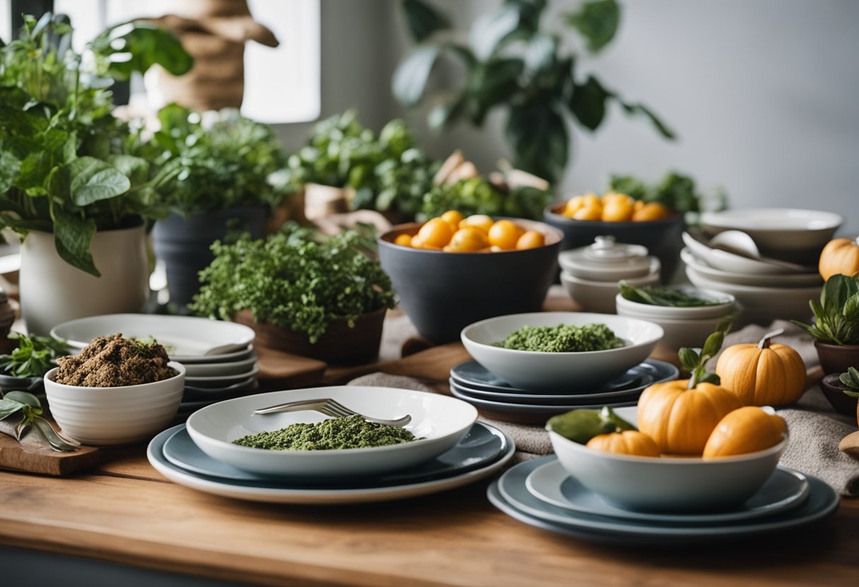 A table set with reusable dishes and cloth napkins, surrounded by potted plants and compost bins. Leftover food is being repurposed into new dishes for a sustainable Thanksgiving tea party