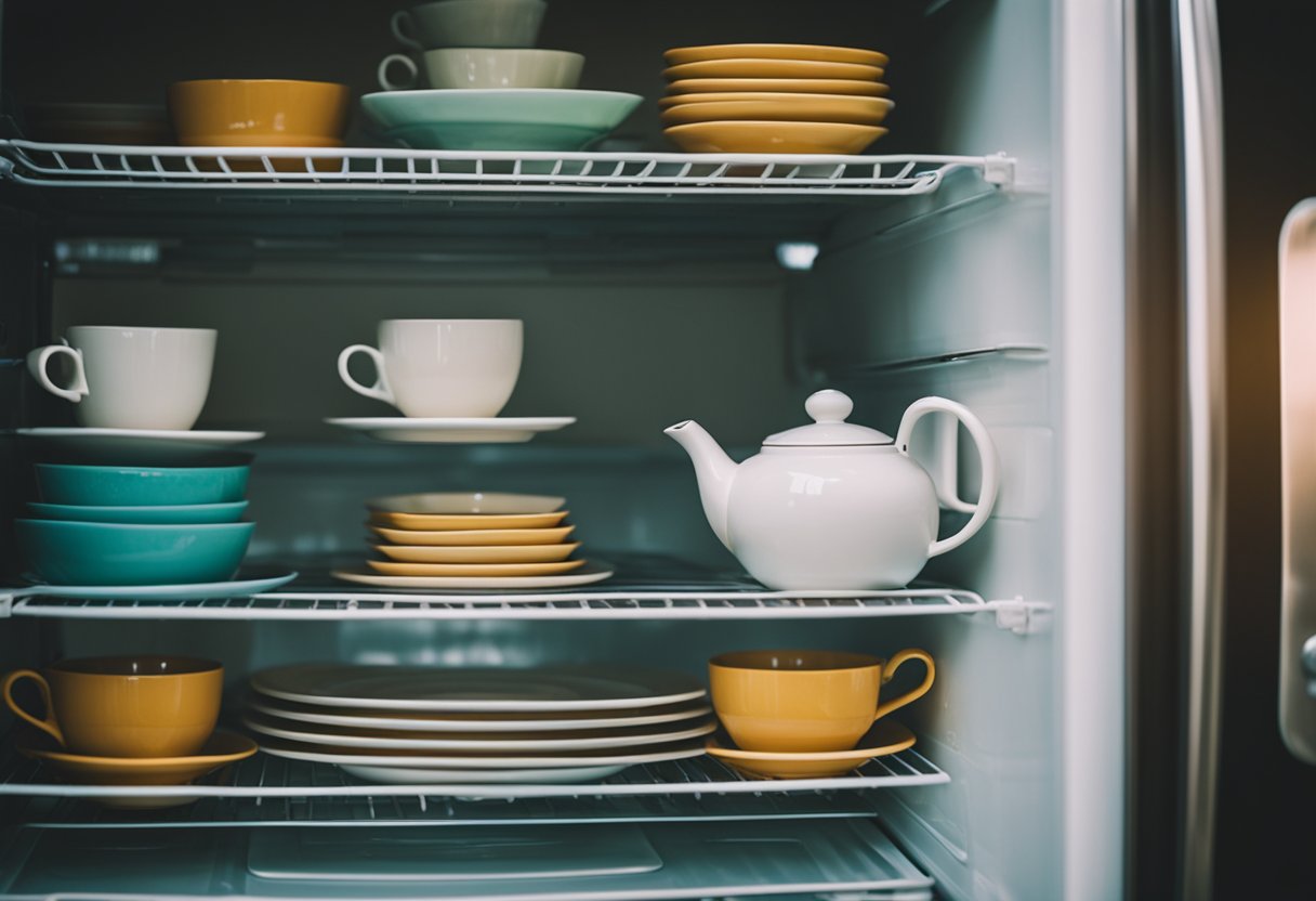 Leftover containers stacked neatly in a fridge, with a teapot and cups on a table for a cozy tea party