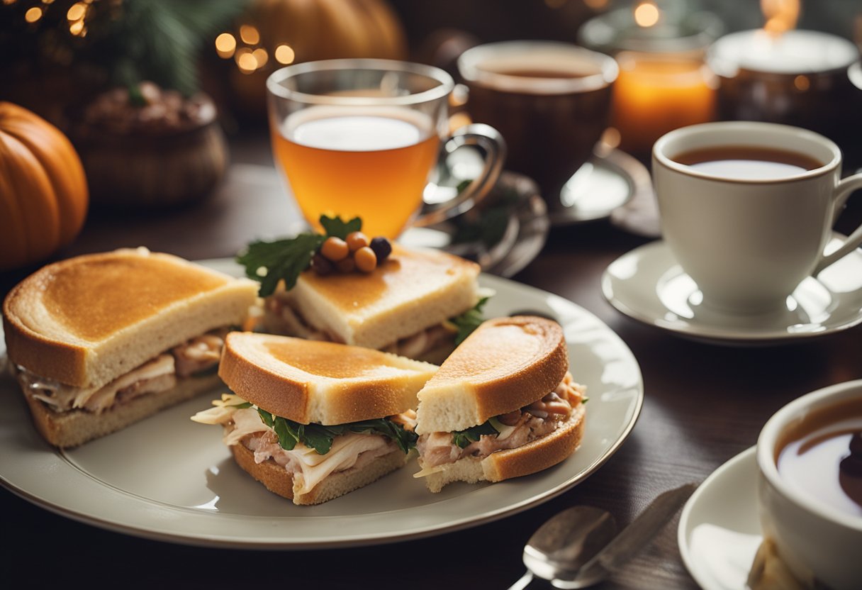 Leftover turkey sandwiches served with tea and pumpkin pie on a festive table