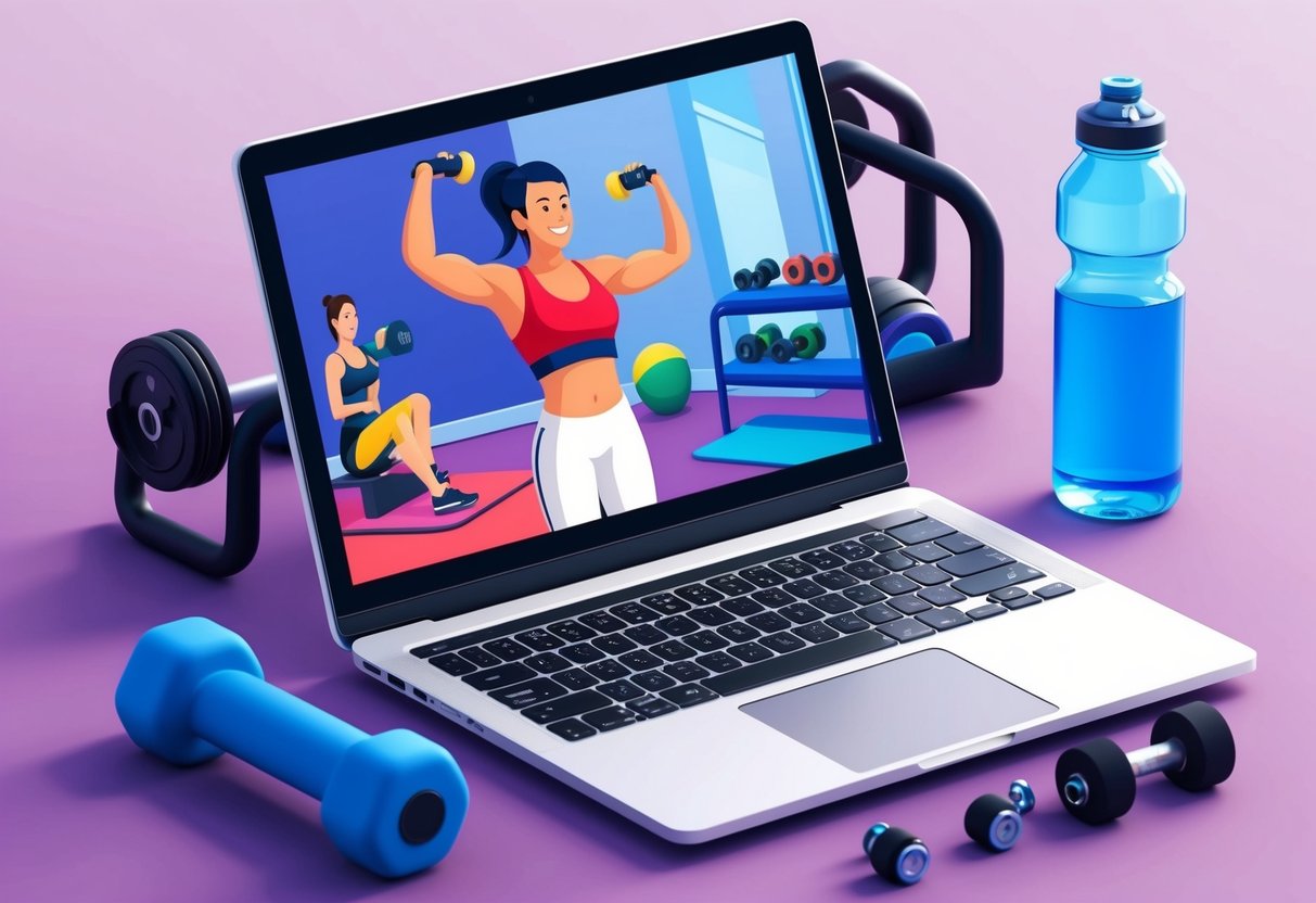 A laptop displaying a virtual fitness trainer leading a workout, surrounded by exercise equipment and a water bottle