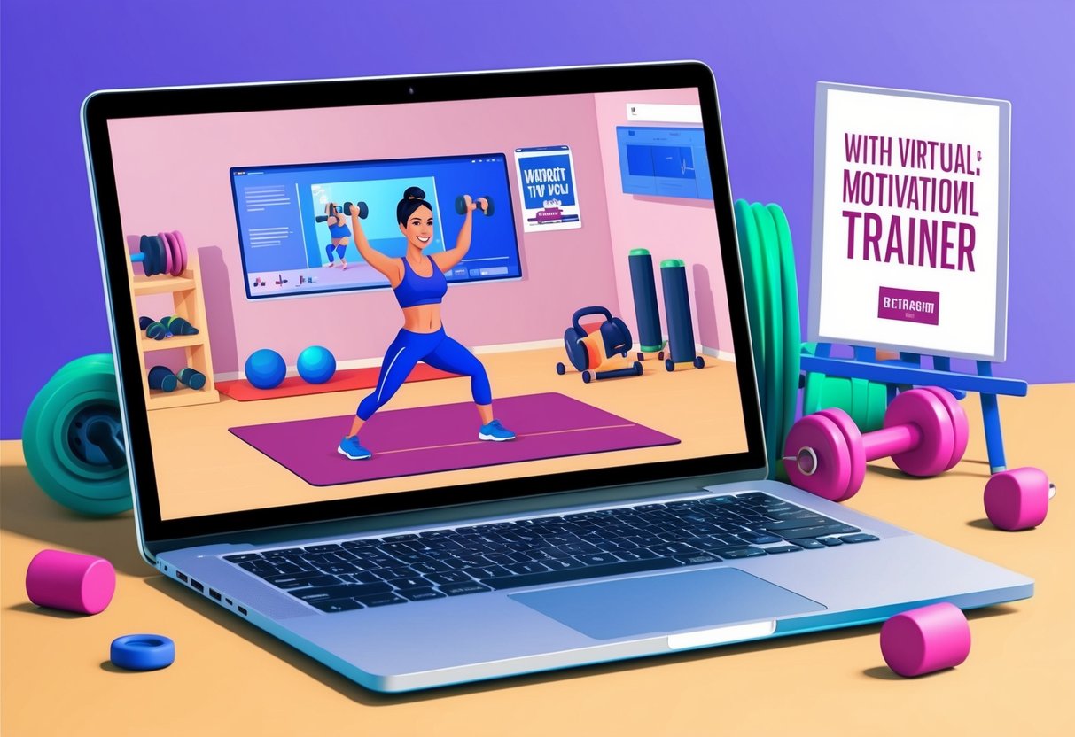 A laptop displaying a virtual fitness trainer leading a workout, surrounded by exercise equipment and a motivational poster