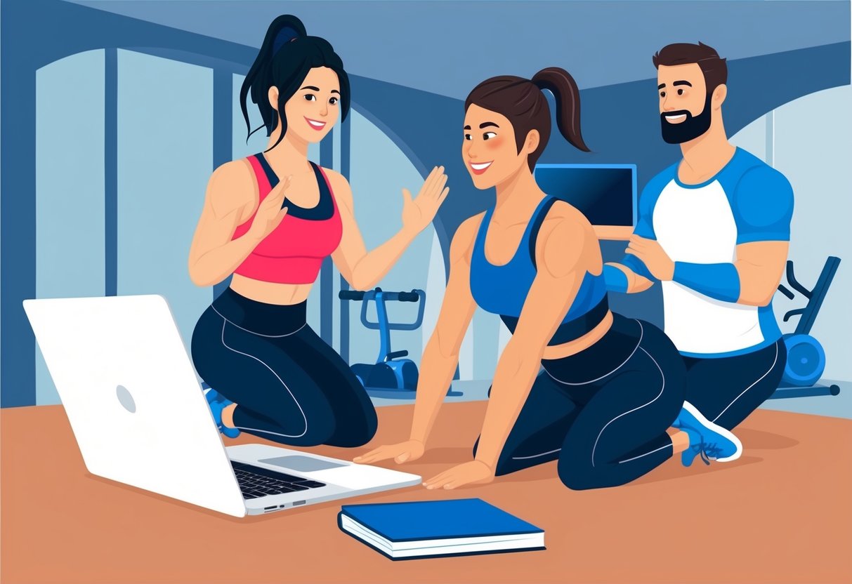 An online fitness trainer guiding a client through a workout using video chat, with a laptop and exercise equipment in the background