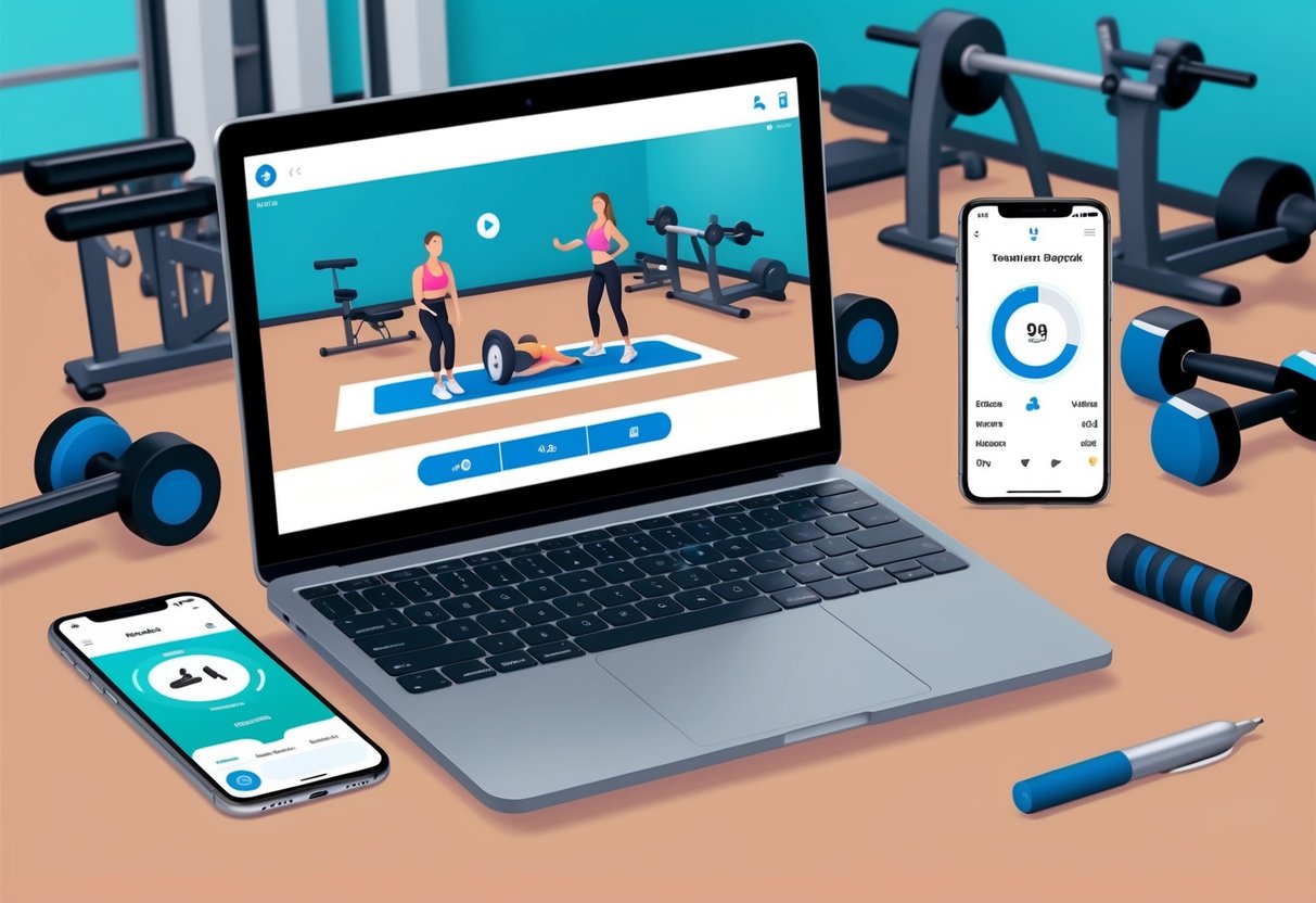 A laptop displaying a virtual fitness training session, with various workout equipment in the background, and a smartphone showing an app for tracking progress