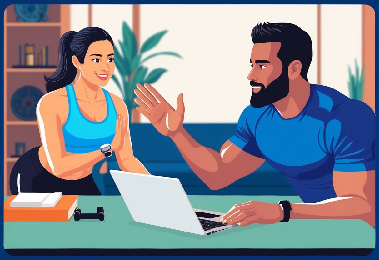 An online fitness trainer guiding a client through a workout via video call, demonstrating exercises and providing personalized feedback and support