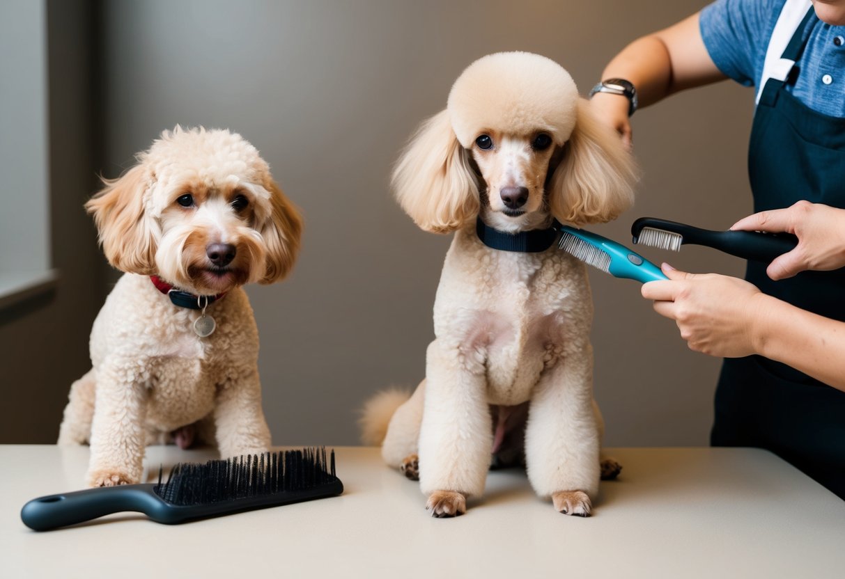 A poodle with a unique coat is being groomed, while a doodle is being groomed incorrectly. The poodle is being brushed and trimmed carefully, while the doodle is being brushed too roughly