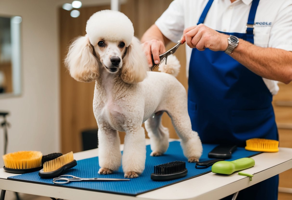 A poodle stands on a grooming table surrounded by brushes, combs, and scissors. A groomer carefully trims its fur, avoiding common mistakes