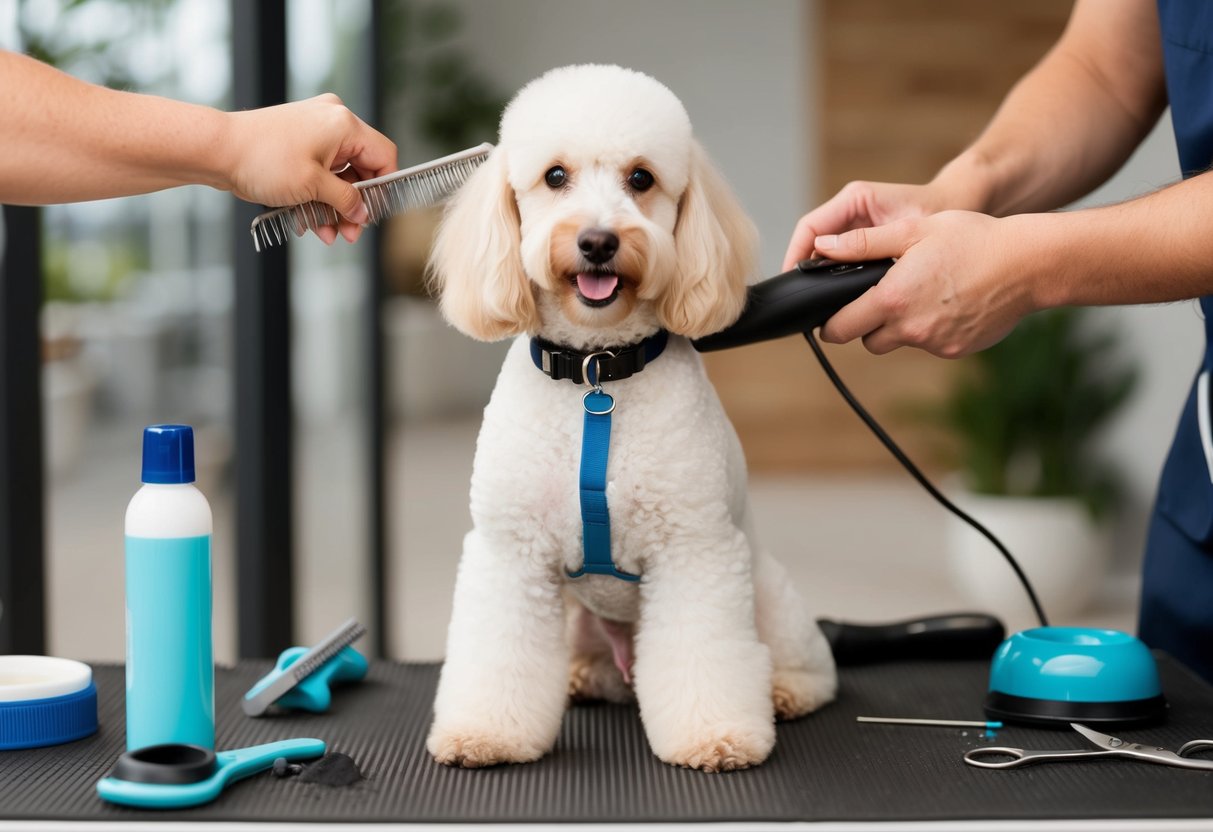 A poodle or doodle being groomed with a routine schedule, proper tools, and techniques to prevent common grooming mistakes