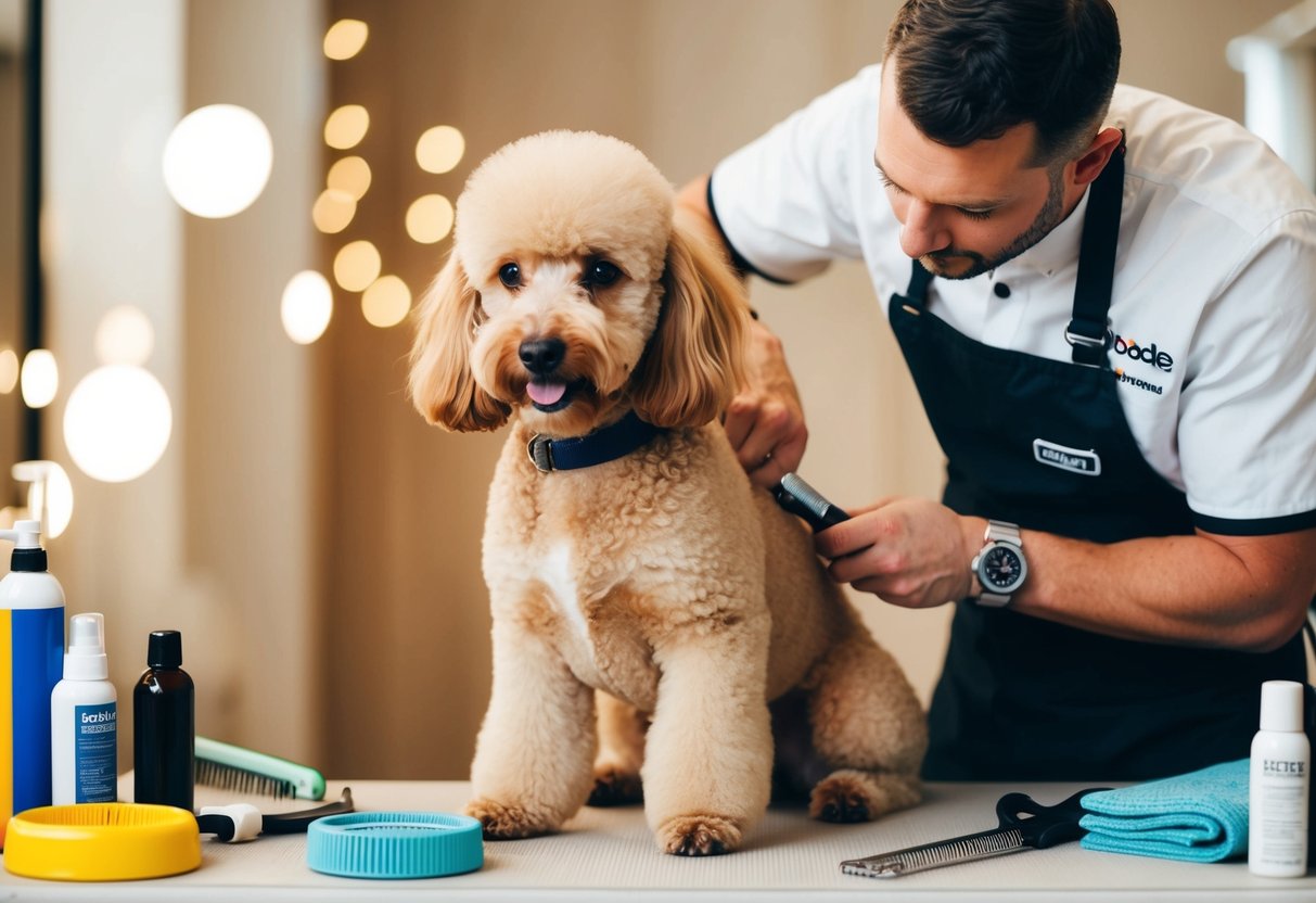 A poodle and a doodle groomer carefully trimming and shaping the fur of a patient dog, surrounded by grooming tools and products