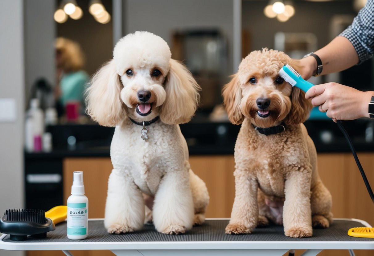 A poodle and a doodle sit on a grooming table, ears and teeth being brushed. Grooming tools and products are neatly organized on the table