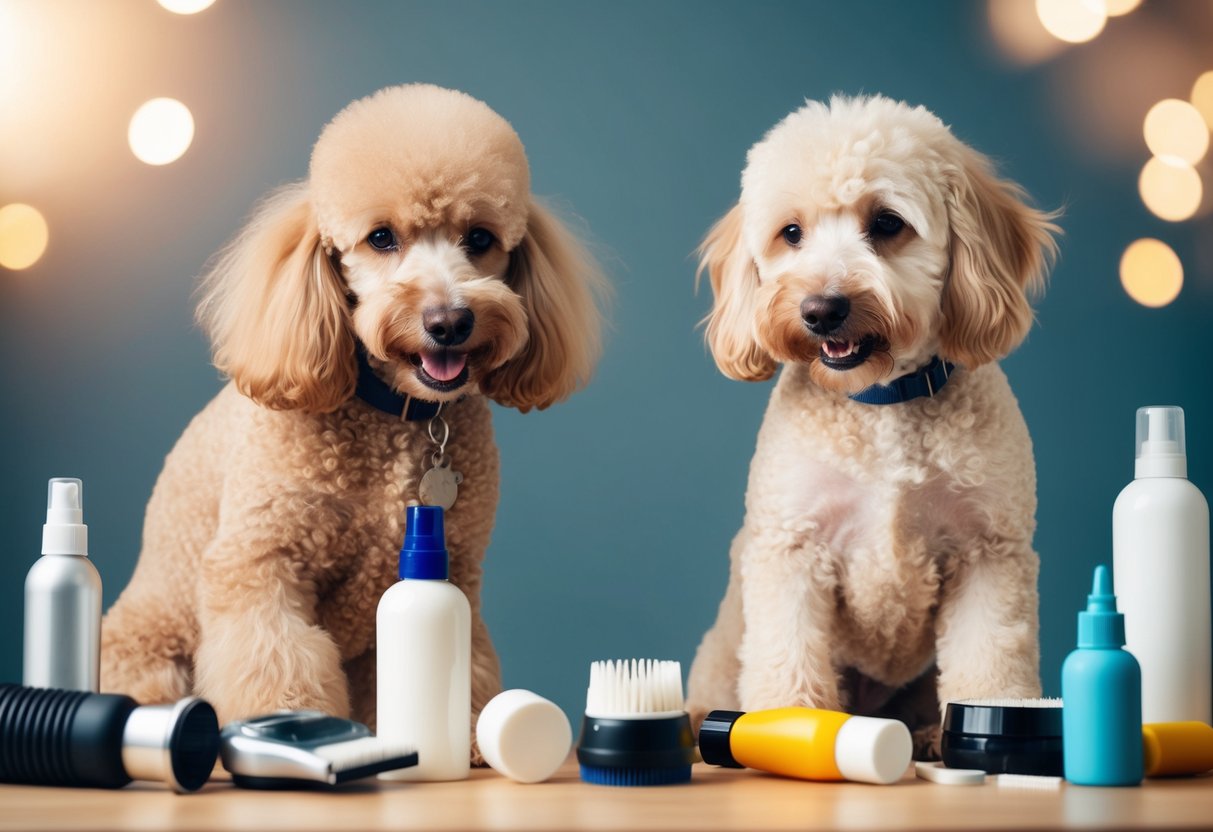 A poodle and a doodle surrounded by various grooming products, with one making a mistake and the other being groomed correctly