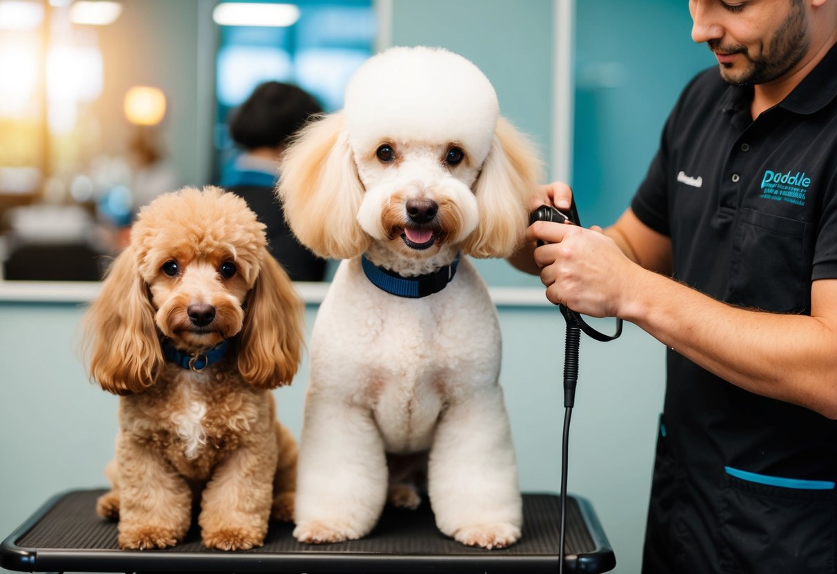 A poodle and a doodle being groomed by a professional, avoiding common mistakes