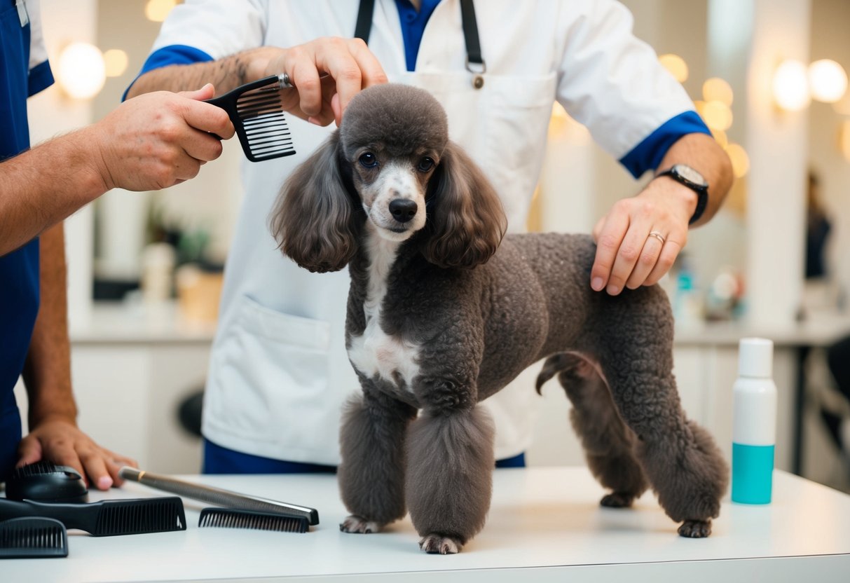 A poodle being groomed in various popular cuts, with a focus on avoiding common grooming mistakes