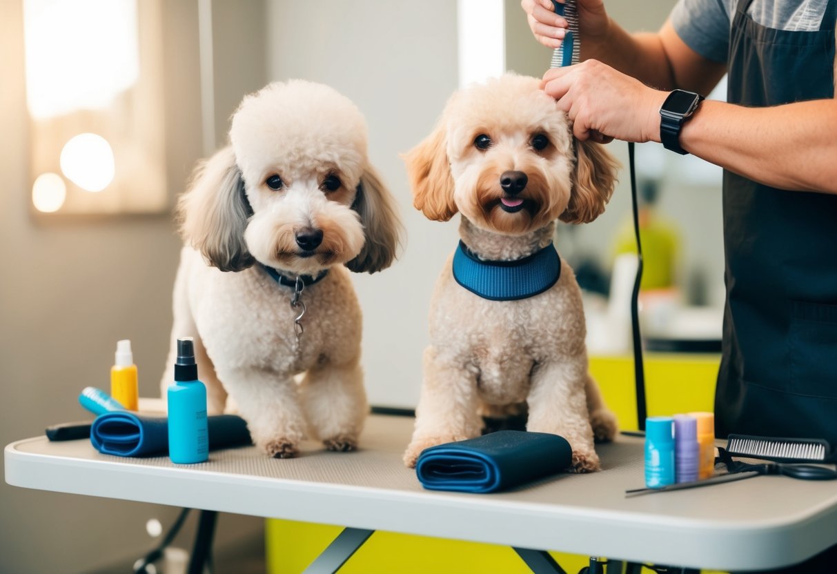 A poodle and doodle are being groomed with care, avoiding common mistakes. Tools and products are neatly organized on a grooming table