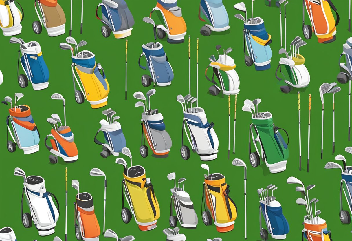 A set of golf clubs arranged neatly on a green grassy field