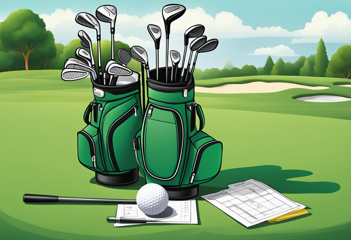 A golf bag with clubs, a scorecard, and a handicap index chart on a green, well-kept golf course