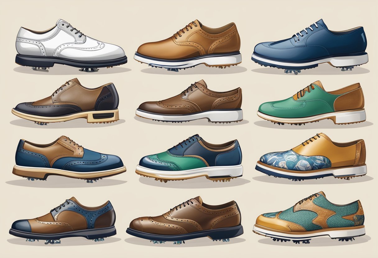 A pair of golf shoes surrounded by various designs and styles throughout history