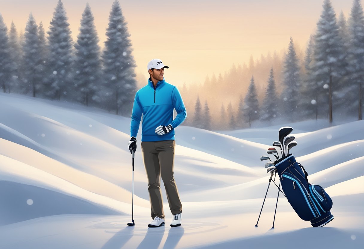 A golfer wearing a base layer, thermal mid-layer, and windproof outer layer while standing on a snowy golf course with a bag of clubs