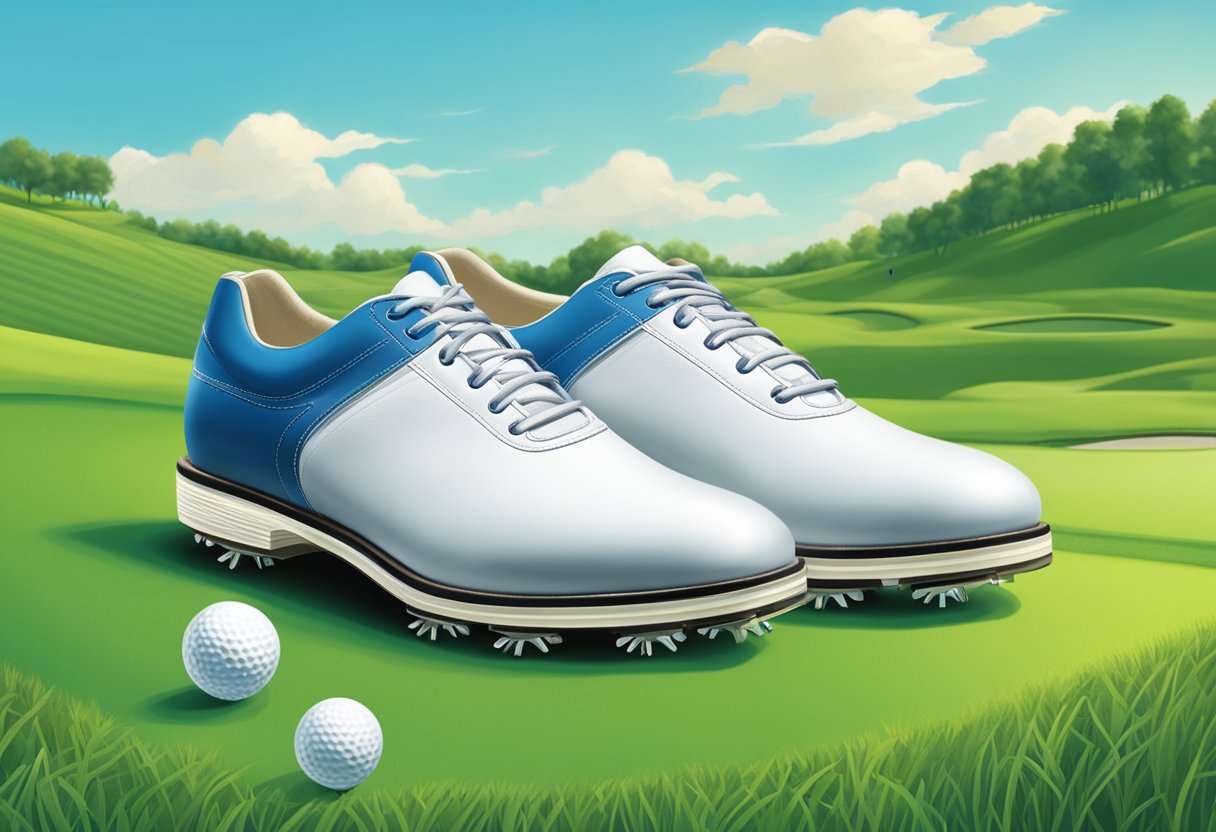 A golf shoe with cleats stands on a lush, manicured fairway, surrounded by rolling green hills and a bright blue sky