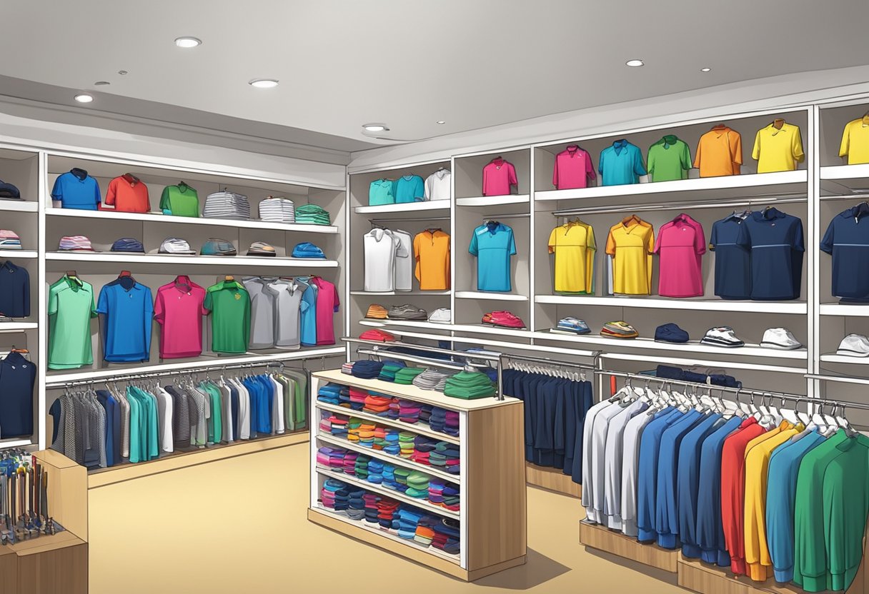 A neatly organized display of colorful golf tops and shirts on shelves in a well-lit retail store