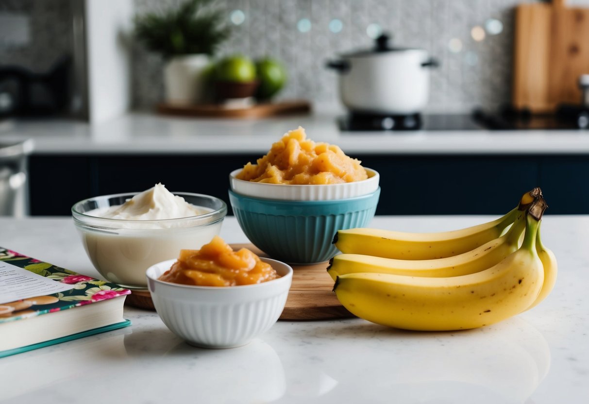 A kitchen counter with bowls of coconut oil, applesauce, and mashed bananas next to a baking recipe book