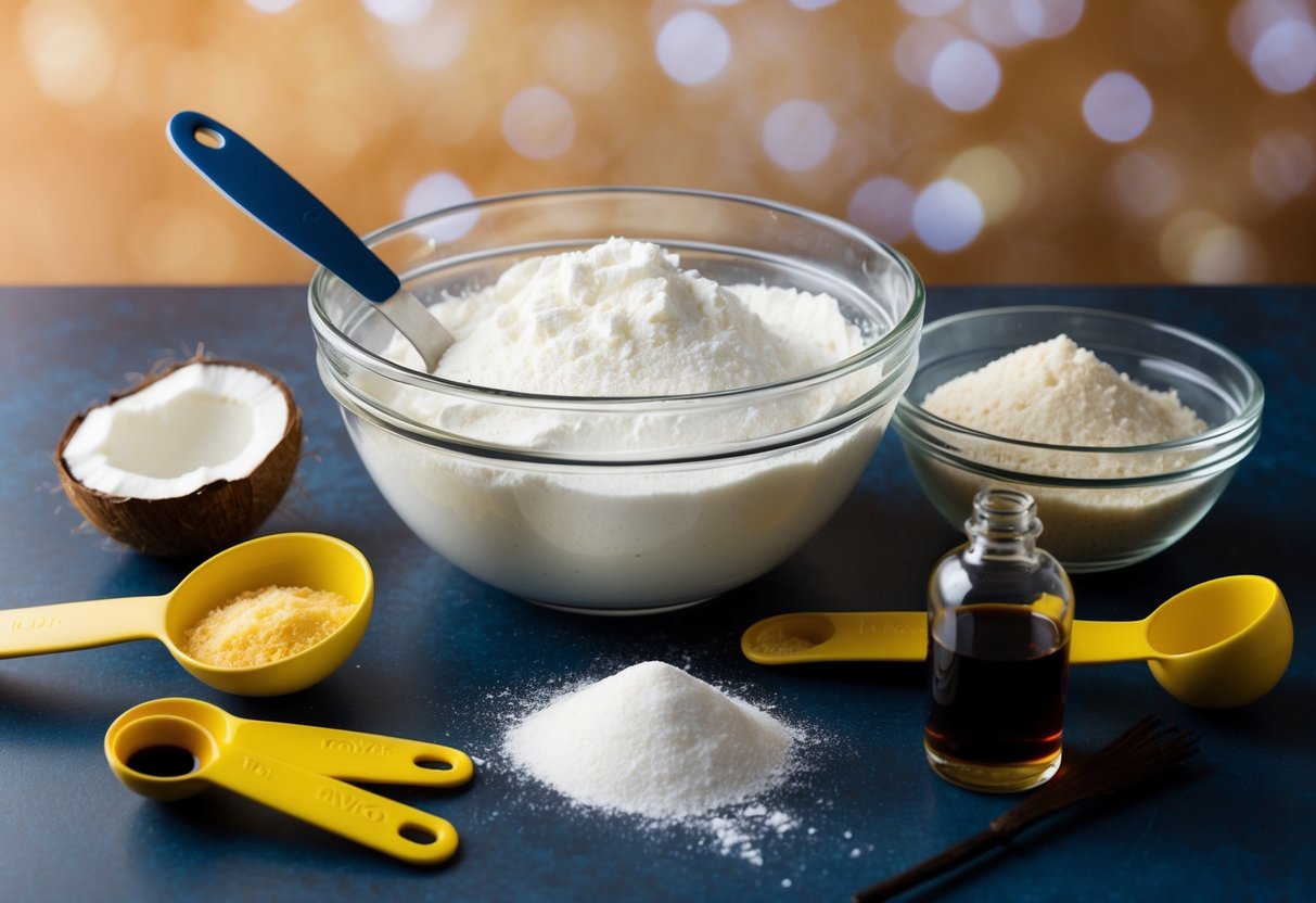 A mixing bowl with coconut oil, measuring spoons, and a spatula surrounded by baking ingredients like flour, sugar, and vanilla extract