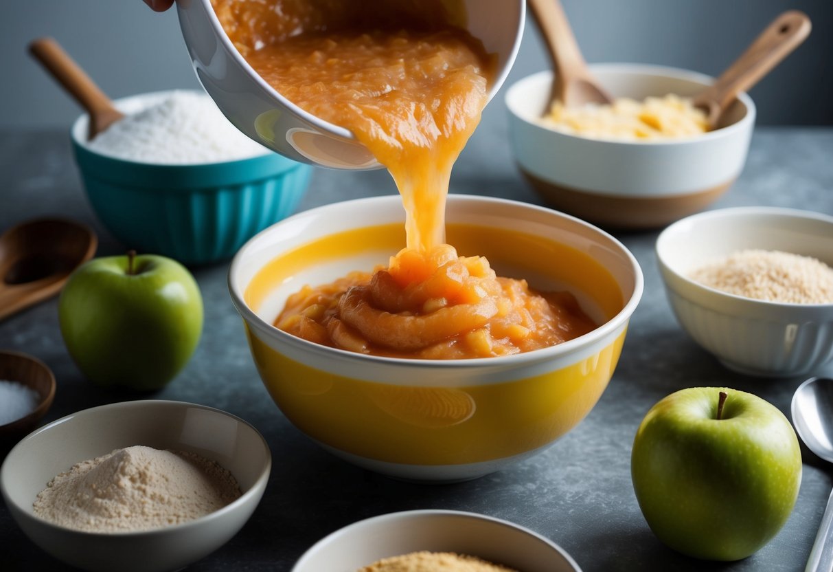 A bowl of applesauce being poured into a mixing bowl surrounded by baking ingredients and utensils