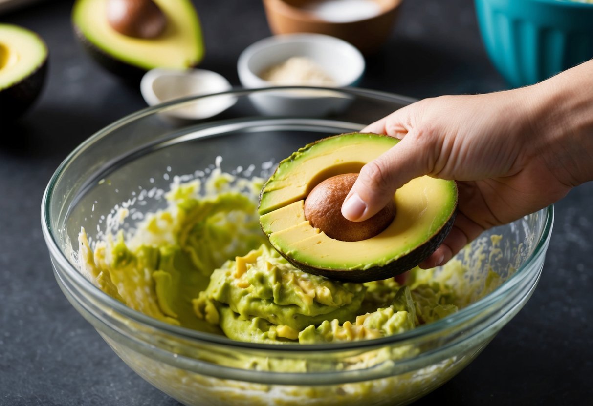 A ripe avocado being mashed and mixed with baking ingredients in a bowl