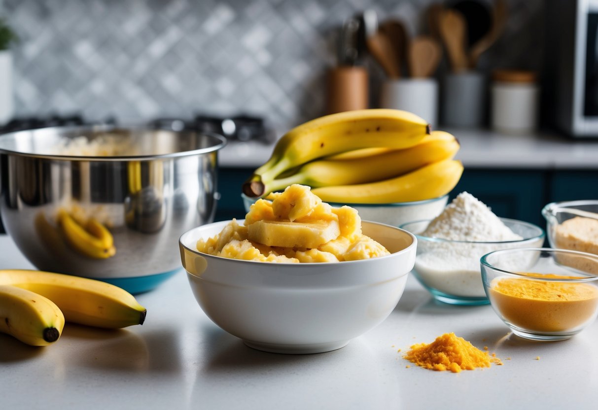 A bowl of mashed bananas next to a mixing bowl and various baking ingredients on a kitchen counter